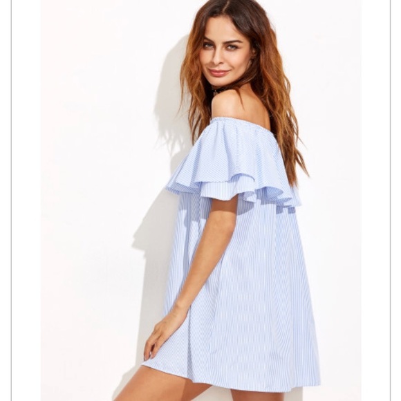 Blue Striped Off The Shoulder Ruffle Dress 👗 - Picture 5 of 8